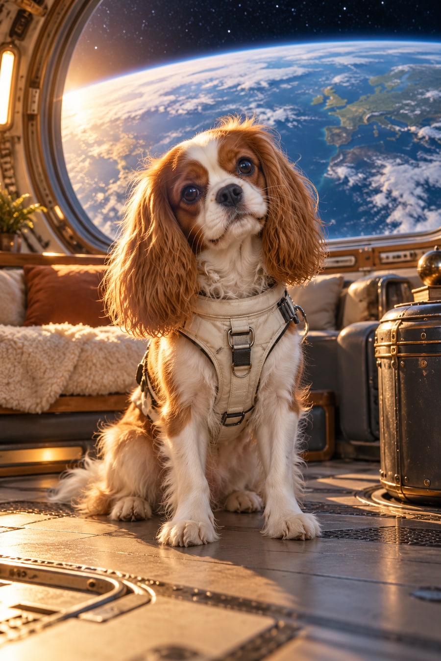 A spaniel imagining her space explorer era